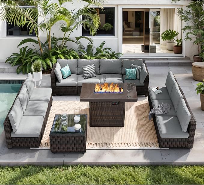 Patio Furniture Set 12 Pieces with 44" Fire Pit Table, Rattan Outdoor Sectional Conversation Sets, All Weather Outdoor Furniture Set with Cushions for Garden Lawn Balcony Porch Deck Grey