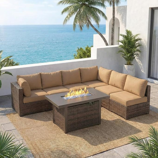 7 Piece Outdoor Patio Furniture Set with 42" Fire Pit, Wicker Furniture Sectional Conversation Sofa Set with Comfortable Cushions, Beige