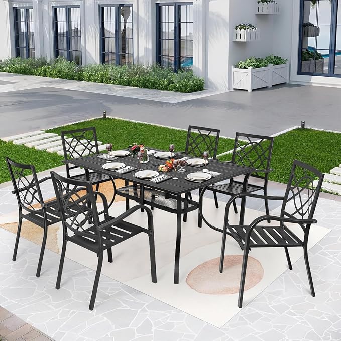 7 Piece Outdoor Patio Dining Set, Metal Patio Furniture Set Outdoor Rectangular Slatted Dining Table with Umbrella Holes & 6 Stackable Backyard Garden Chairs