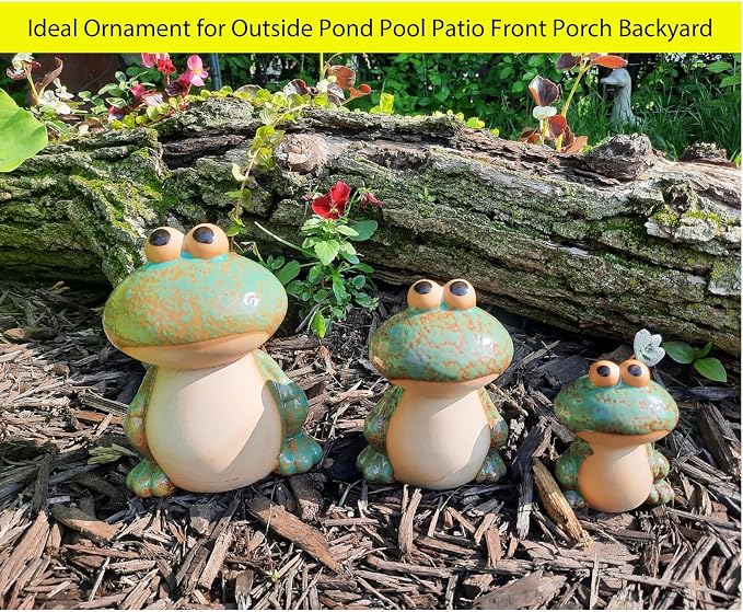 Ceramic Frog Garden Decor Set of 3 - Funny Cute Frog Lawn Ornaments, Outdoor Pond Patio Statues for Yard, Front Porch, Backyard Decor (Dad, Mom & Baby Frogs)