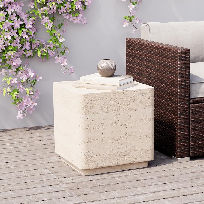SUNBURY Outdoor Side Table, 14" W Concrete Accent End Table Rectangular Design, Patio Side Tables, Outdoor Coffee Tables, Garden Stool End Table for Living Room, Backyard, Sandy Yellow