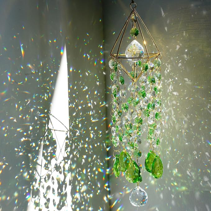 Crystal Suncatcher Glass Wind Chimes Style Sun Catchers Indoor Window | Hand-plated,Rainbow Prisms Suncatcher For Window Hanging,Whimsical Decor Home Garden Birthday Christmas Gift (21.5inch,Green)