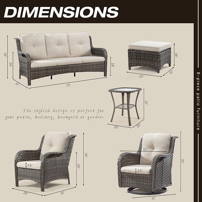 Wicker Patio Furniture Sets 8 Pieces with 3-Seat Sofa, 2 Swivel Rocking Armchairs, 2 Armchairs, 2 Ottoman and 1 Side Table Wicker Outdoor Furniture Sectional Conversation Set, Beige
