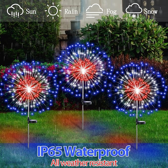 Tujoe Halloween Decoration Outdoor 4 Pack Solar Firework Light with 180 LED Halloween Solar Lights 8 Lighting Modes for Yard Garden Pathway Party Decoration(Red, White, Blue)