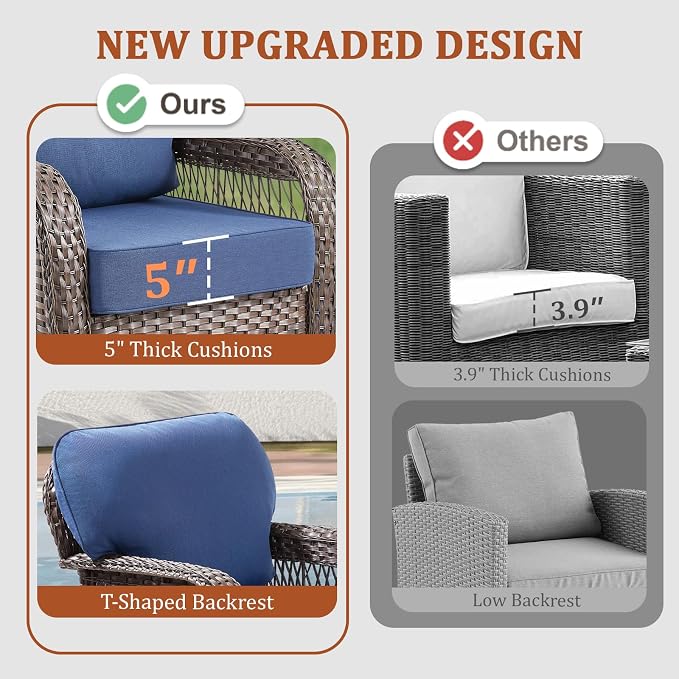 Patio Furniture Set with Fire Pit Table - 6 Pieces All-Weather Wicker Outdoor Furniture with High Back Swivel Chairs Set of 2 Outdoor Couch for Deck Balcony Backyard Blue