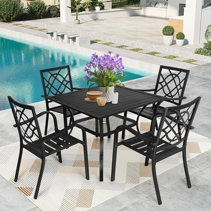 5 Piece Outdoor Patio Dining Set, Metal Patio Furniture Set Outdoor Square Slatted Dining Table with Umbrella Holes & 4 Stackable Chairs for Backyard, Garden