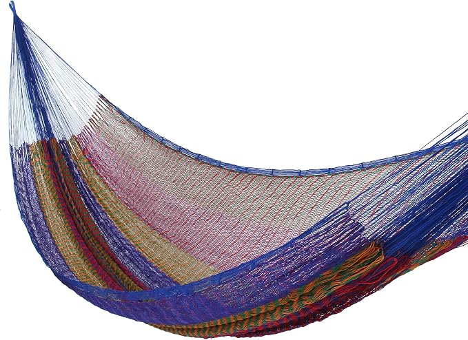 NOVICA Artisan Rainbow Seascape Double Hammock, Blue Striped Handmade Nylon Mayan Rope Style from Mexico, Bed 78in L x 78in W, Total Length 158in L