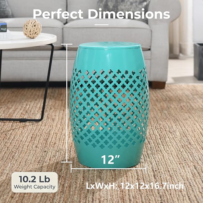 12" Outdoor Side Table, Metal Cutout Drum Side Table, Patio Garden Stool | Coffee End Tables for Small Spaces, Living Room, Backyard, Poolside