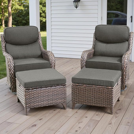 Rilyson Outdoor Patio Furniture Set - Weather Resistant Wicker,High Back,6 inch Cushions,4 Piece Patio Furniture Set with Swivel Rocker Chairs and Ottomans for Deck Porch Yard,Brown/Grey