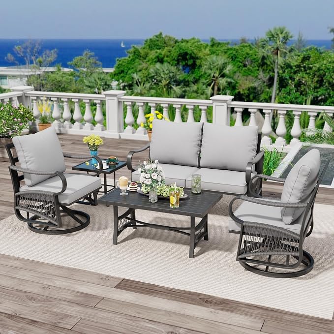 5 Piece Patio Furniture Set, Outdoor All Weather Conversation Sofa Set with 2 Swivel Chairs, Rope Braided Design and Thick Cushions for Garden, Porch, Lawn, Grey