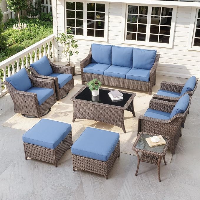 Outdoor Patio Furniture Set-Rattan Wicker Coversation Set with High Back Couch Swivel Glider Chair with Ottomans Outdoor Furniture for Porch Garden Backyard Poolside-Brown/Blue