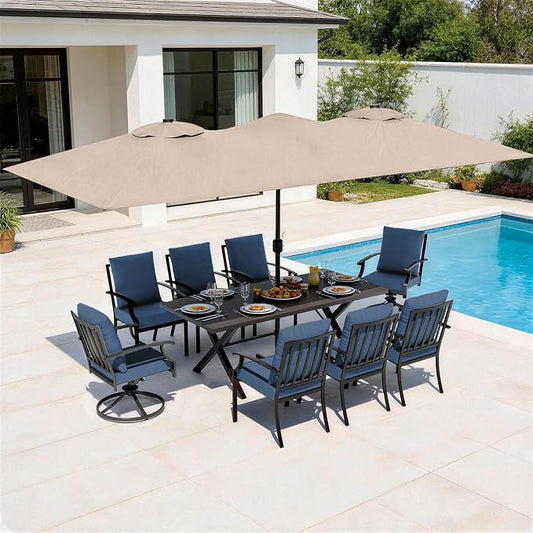 10 Pieces Patio Dining Set with Brown Umbrella,Outdoor Furniture Set Includes Hole Cut-Out Table and 6 Metal Backrest Chairs and 2 Swivel Chairs for Backyard,Garden,Poolside,Navy