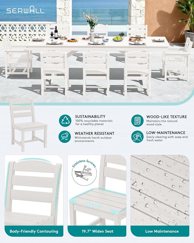 SERWALL 9 Piece Outdoor Dining Set, 84" HDPE Outdoor Table with 6 Armless Chairs and 2 Armchairs ，All Weather Patio Dining Furniture Set with Umbrella Hole for Backyard, Garden, White