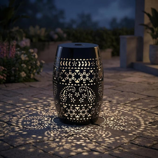 12" Outdoor Solar Side Table, Metal Cutout Drum Side Table, Coffee End Tables, Patio Garden Stool for Small Spaces, Living Room, Backyard, Poolside (1, Black + Solar)