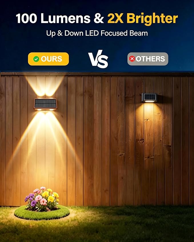 Solar Fence Lights Outdoor, 2 Pack Fence Solar Lights Waterproof | IP65 Fence Lights Solar Powered Up & Down LED Focus, 9 Color Modes, 12H Dusk to Dawn Glow for Patio/Backyard - Matte Brown