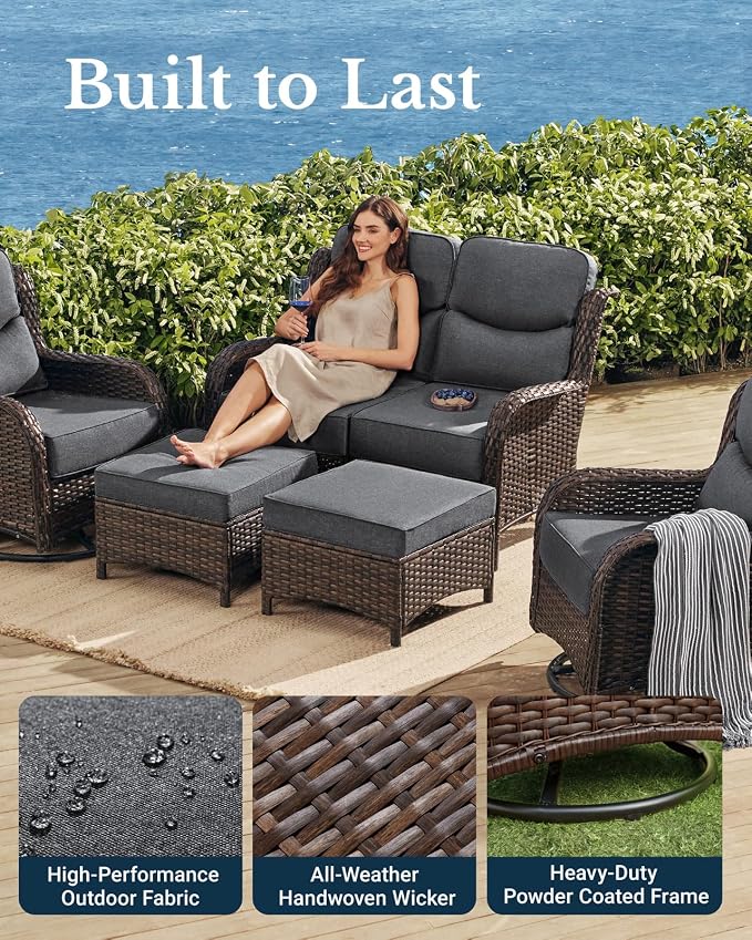 HILLGA Luxury High Back Patio Furniture Set with 6-Inch Thick Cushion, 5-Piece Outdoor Conversation Set with Loveseat, Swivel Rocker Chairs & Ottomans, Ideal for Porch Pool Deck Yard (Dark Grey)