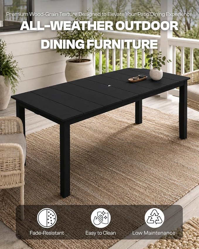 75.2" HDPE Outdoor Dining Table for 4-6 People, Rectangular Patio Dining Table with Umbrella Hole, All Weather Patio Dining Outdoor Table for Deck, Backyard and Garden, Black