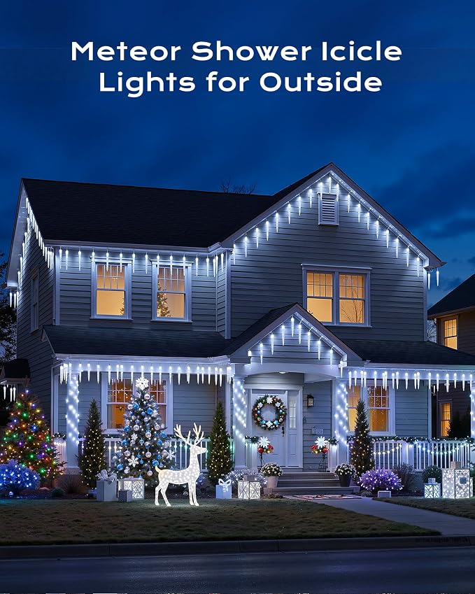 Brightown Christmas Meteor Shower Icicle Lights Outdoor, 2 Pack Total 40ft with 40 Large Tube 960 LED Dropping Effect, Waterproof Decorations for House Eave Roofline, Cool White