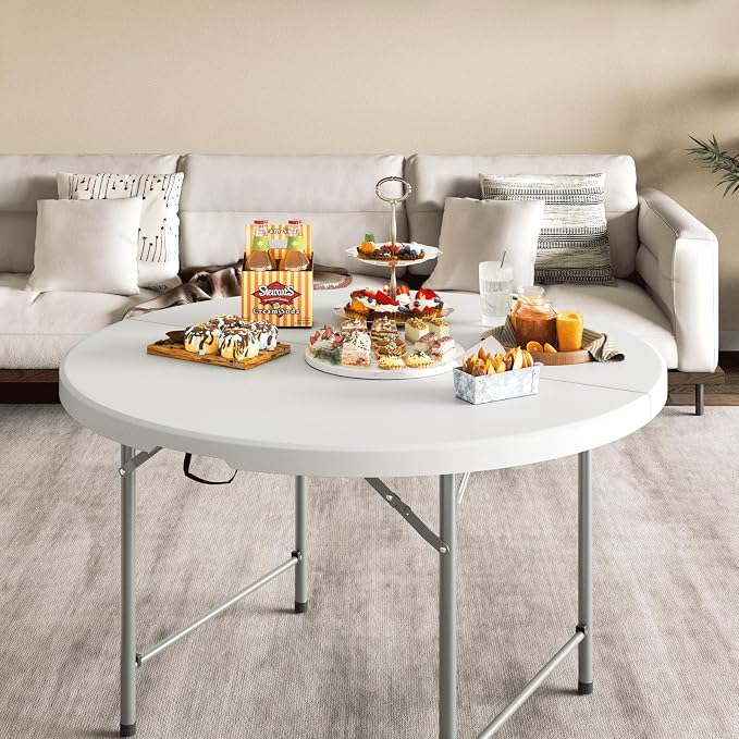 Magshion 48" Round Folding Table, 4 Feet Bi-Folding Plastic Commercial Dining Card Table w/Carrying Handle for Outdoor Wedding Party Event Picnic, White