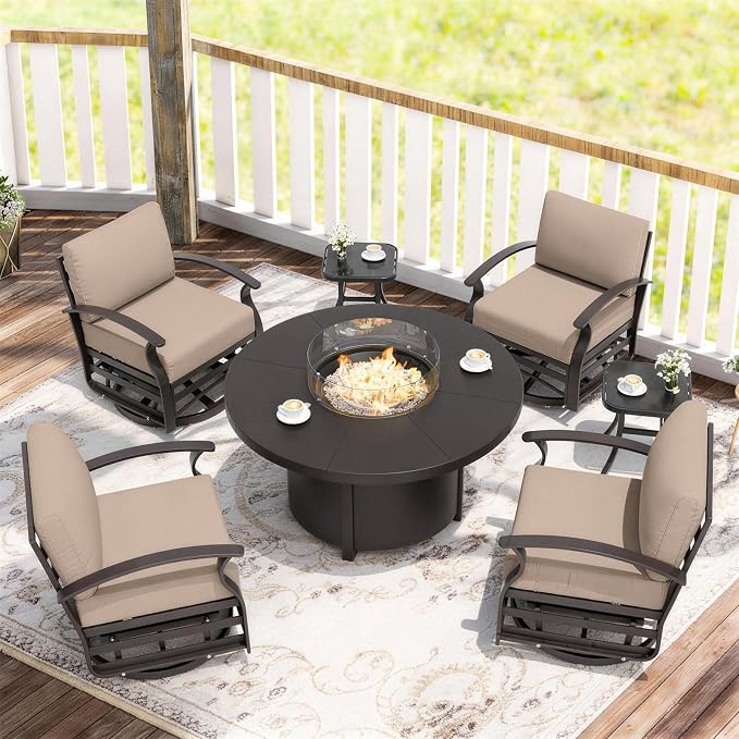 ALAULM Aluminum Patio Furniture Set with Coffee Table Rectangular, 5-seat Outdoor Sectional Furniture w/2 Swivel Chairs, Patio Conversation Set for Porch, Backyard, Poolside-Grey