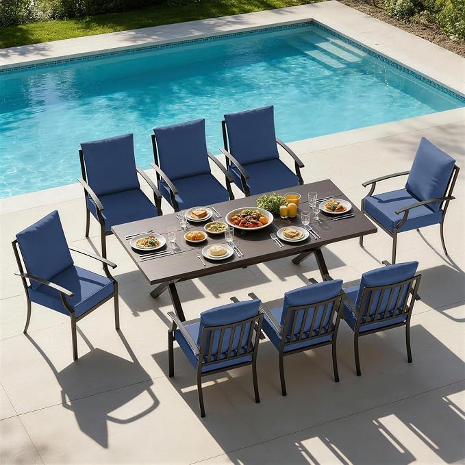 9 PCS Outdoor Patio Dining Set,Patio Table and Chairs Metal Outdoor Patio Furniture Set with Umbrella Hole,Dining Table Set with 8 Chairs for Deck,Backyard and Garden,Navy Blue