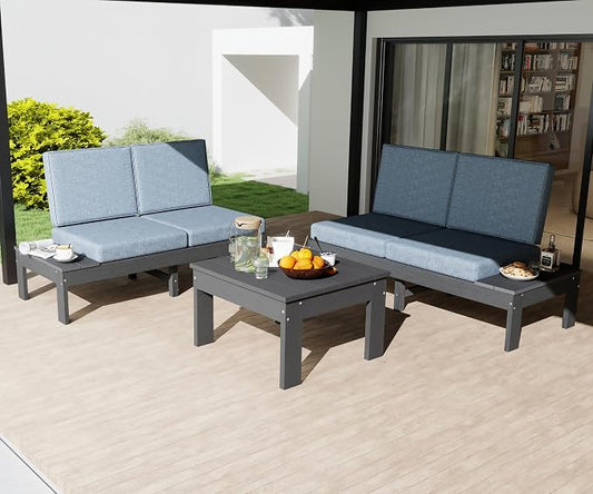 Domi HDPE Outdoor Patio Sofa Set, 3-Piece Modern Conversation Set with Left & Right Sofas, Cushioned Sectional Seating and Coffee Table for Backyard, Porch, Deck & Garden,Grey