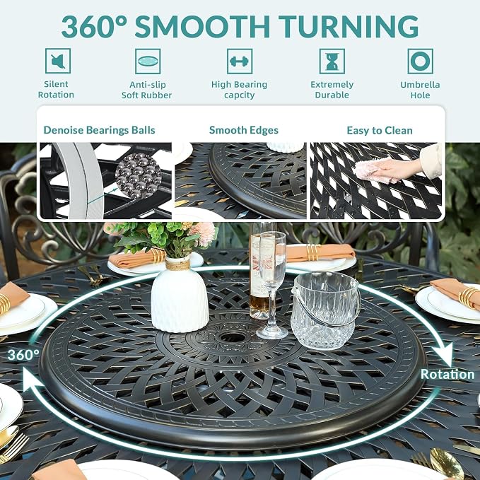 MEETWARM Outdoor 9-Piece Patio Dining Set, All-Weather Cast Aluminum Patio Conversation Set- 8 Cushioned Swivel Rocker, 61" Round Patio Dining Table w/Detachable Lazy Susan/Umbrella Hole, Navy Blue