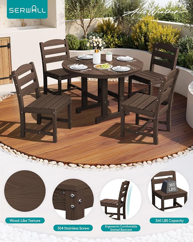 SERWALL 5-Piece Patio Dining Sets, HDPE Outdoor Table and Chairs Furniture Set, 45" Round Dining Table and 4 Armless Dining Chairs, Coffee