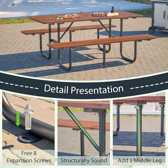 72" Wooden Picnic Table, Picnic Table with Benches, Steel Frame with Umbrella Hole 1.97" for Patio Party Barbecue Party (Brown + Black, 72")