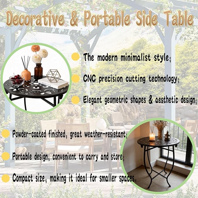 Small Patio Table, 17Inch Height Metal Patio Side Table with Flower Cut Design, 14'' Round Small Outdoor Side Tables for Patio Yard Porch Balcony Garden Bedside Plant Stand Indoor Outdoor 1Pack