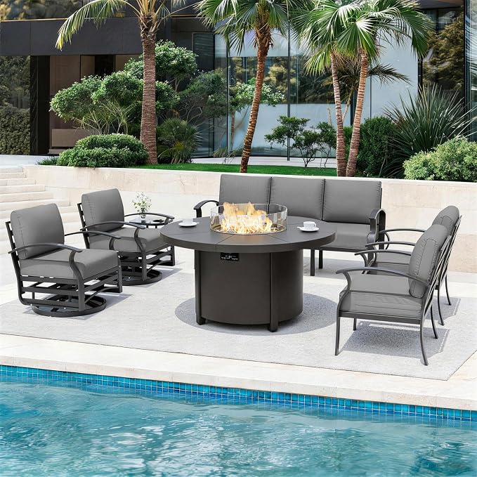 ALAULM Aluminum Patio Furniture Set with Coffee Table Rectangular, 5-seat Outdoor Sectional Furniture w/2 Swivel Chairs, Patio Conversation Set for Porch, Backyard, Poolside-Grey