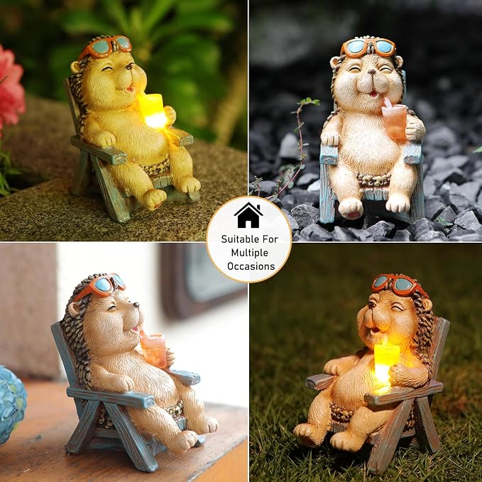 FOXMIS Hedgehog Statue Outdoor Solar Garden Decor for Outside Lawn Yard Patio, Home Office Decorations Indoor Lights, Ideal Ornaments Birthday Gifts for Mom Women Grandma