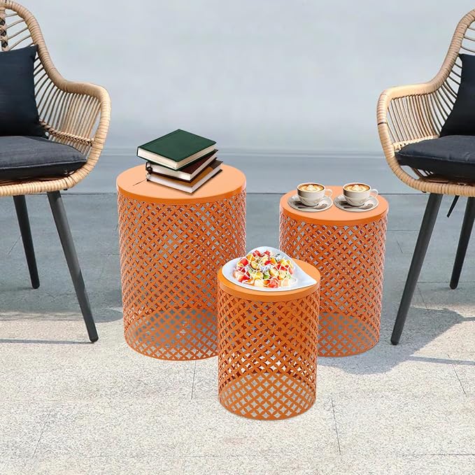 Outdoor Side Table, 3PCS Round Metal Frame Coffee End Tables, Modern Decorative Garden Stool, Multifunctional Nesting Side Table for Garden, Balcony, Cafe, Park, Pool Side (Orange)