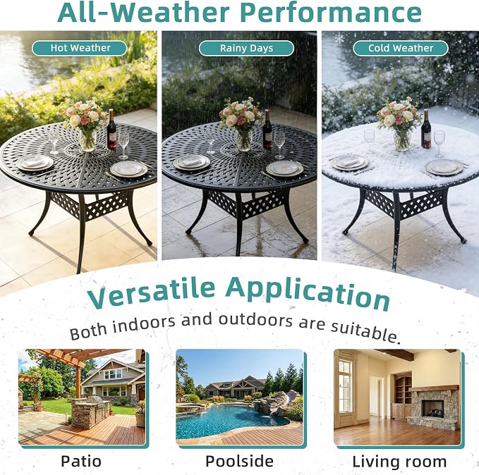 MEETWARM Outdoor 61" Round Patio Dining Table with Detachable Lazy Susan, All Weather Cast Aluminum Large Patio Furniture Table Set for 8 Seat with 35.4" Rotating Tray, Umbrella Hole, Dark Bronze