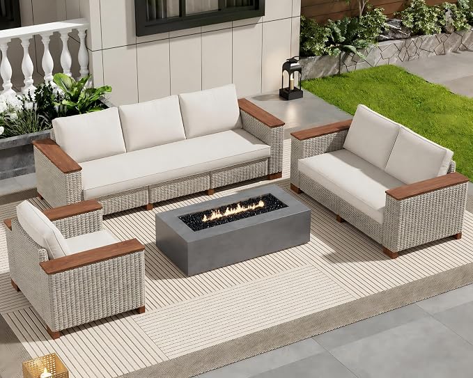 PaPaJet 6-Piece Wicker Patio Furniture Set with Solid Wood Armrest, Outdoor Patio Set with Thick Legs, UV-Resistant Modular Outdoor Sectional Sofa for Backyard, Porch, Garden