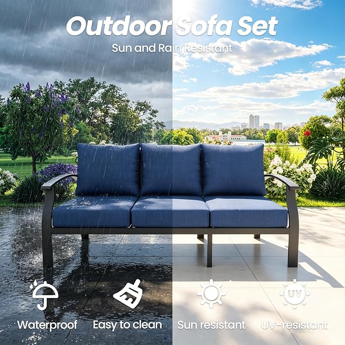 Gotland Metal Outdoor Patio Furniture Set with Coffee Table, 4 Piece Patio Conversation Set with Washable Cushion Covers, Metal Frame Sectional Sofa Furniture Set for Porch, Balcony, Deck, Yard