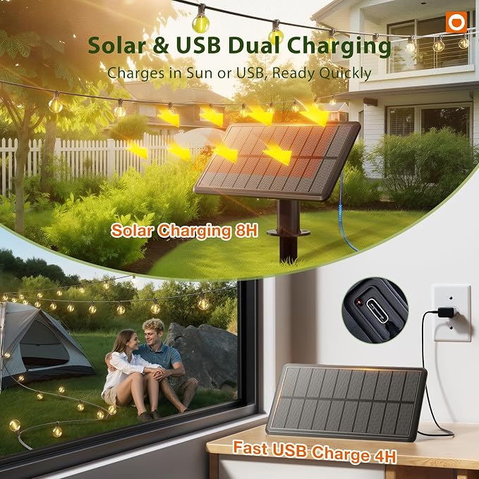 addlon 25FT Solar Powered Outdoor String Lights Waterproof with Remote G40 | Solar Powered String Lights with 13 LED Shatterproof Bulbs, 3 Light Modes, Dimmable Solar Lights for Outside Bistro Cafe