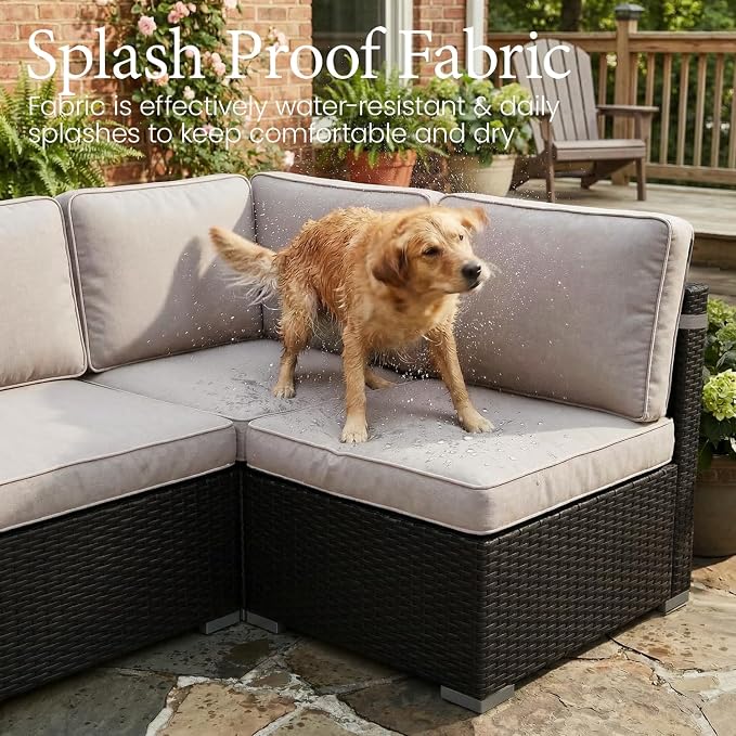 LayinSun 8 Piece Patio Furniture Set with 44" Propane Gas Fire Pit Table, Outdoor Sectional Conversation Set Wicker Rattan Sofa Set with Coffee Table