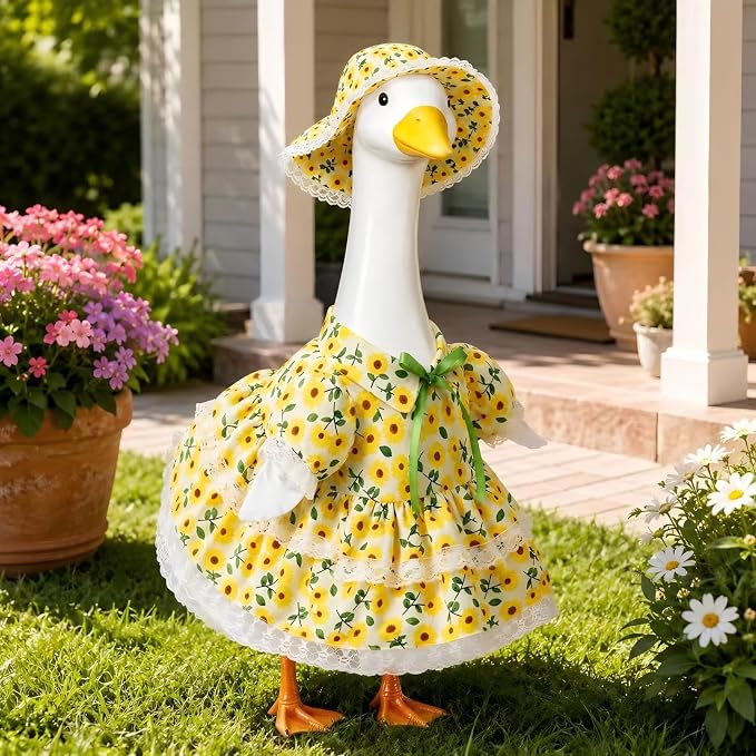 Porch Goose Outfit - Sunflower Dress & Lace Hat Set for 23 Inch Goose Statue,Spring Summer Outdoor Lawn Yard Decor, Home Porch Decoration