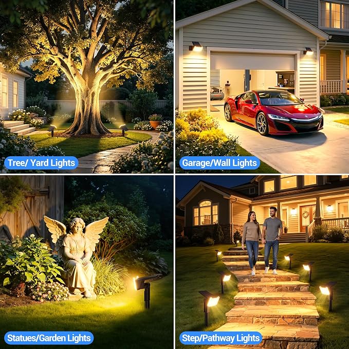 Solar Spot Lights Outdoor Waterproof IP65, Super Bright LEDs with Lens, 2 Lighting Modes, 2 in 1 Auto On/Off Solar Powered Spotlights for Outside Landscape Holiday Decor, 6 Pack, Warm White