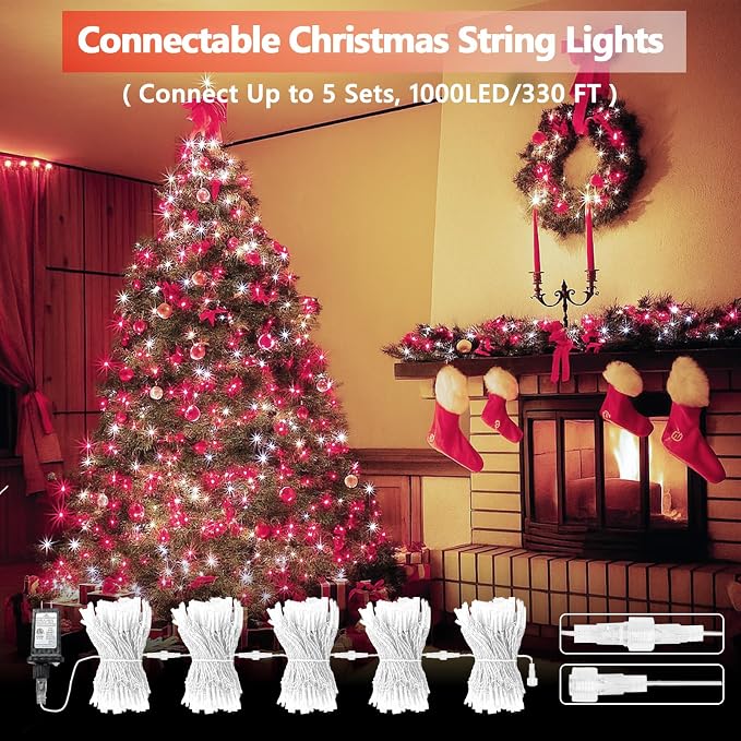 200 LED Connectable String Lights, 66FT Christmas Lights Outdoor Indoor | Red & White, 13 Modes, Timer, Clear Wire Waterproof Twinkle Fairy Lights Plug in for Bedroom Classroom Patio Xmas Tree Decor
