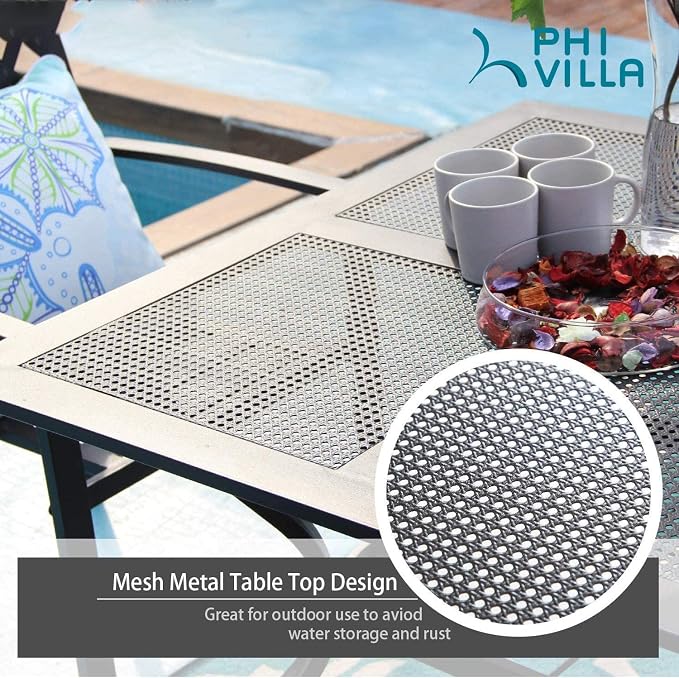 PHI VILLA Patio Dining Set for 4, Swivel Chairs& 37" Square Steel Table | 37” Square Metal Table &Swivel Wrought Iron Chairs with Cushions,Outside Furniture Set for Patio,Deck,Yard,Porch