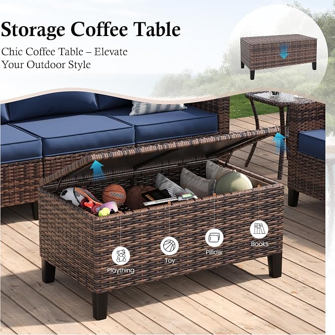 Amopatio Patio Furniture Set, Wicker Outdoor Sectional Sofa with Swivel Rocker Chairs, All-Weather Rattan Conversation Set, Storage Coffee Table, Waterproof Cover for Backyard, Deck Brown/Navy 5 PCS