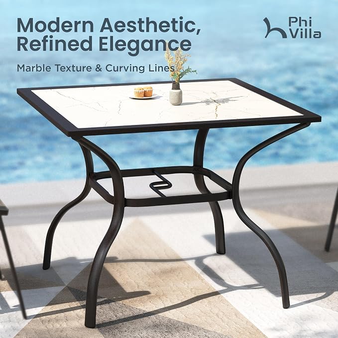 PHI VILLA 37" Patio Table for 4, Metal Dining Table with Carbon Crystal Tabletop, All Weather Wrought Iron Outdoor Furniture for Deck, Backyard, Porch