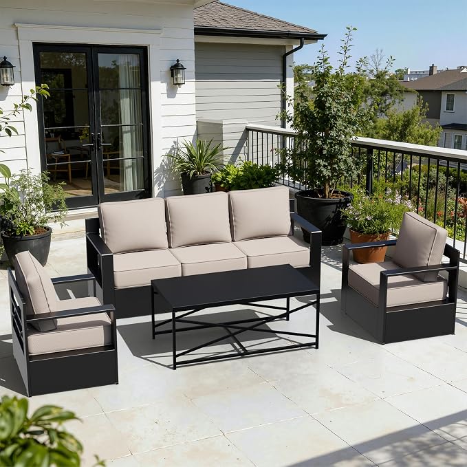 Outdoor Aluminum Furniture Set, 4-Piece Patio Conversation Set, 2 Chairs, 1 Sofa and 1 Table, All-Weather Metal Frame, 6" Thick Removable Cushions, Deep Setting for Garden, Poolside and Porch