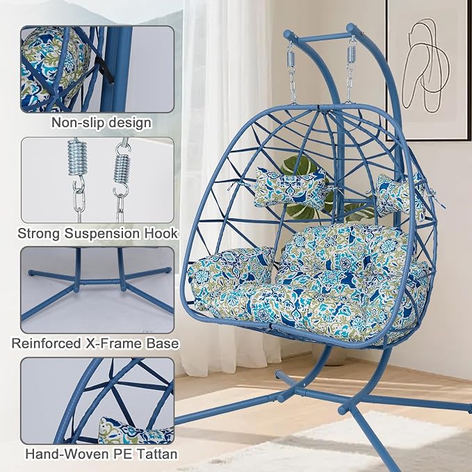 2 Person Double Hanging Egg Chair, Oversized Wicker Rattan Loveseat Swing Chair, Heavy Duty 600lbs Capacity, Foldable Basket Hammock Chair with Thick Cushion for Indoor Outdoor Patio Bedroom