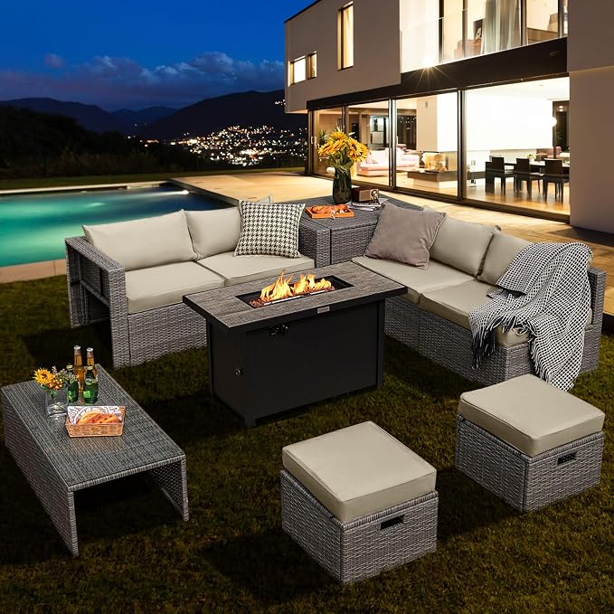 Tangkula 9 PCS Patio Furniture Set with 42” 60,000 BTU Fire Pit, Outdoor Space-Saving Sectional Sofa Set with Storage Box, Waterproof Covers Included