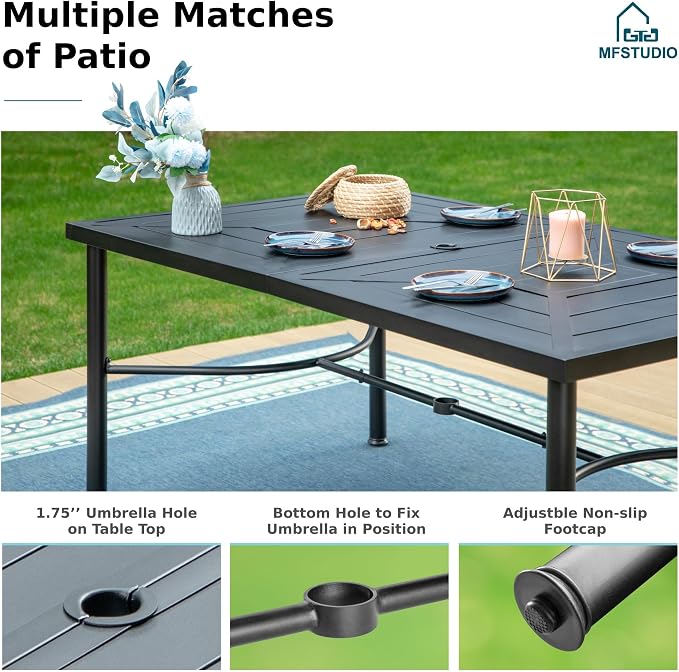 MFSTUDIO Patio Table and Chairs Set, Patio Dining Set for 6 with Umbrella Hole, Outdoor Patio Furniture Set for Deck, Backyard, Poolside & Garden