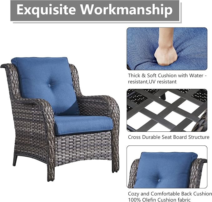 Rilyson Luxury 4 Pieces Patio Wicker Furniture Ottomans, Wicker Patio Chairs Set of 2 with Ottoman, Rattan Outdoor Porch Chair with Thick Cushion for Balcony Deck Yard and Porch (Grey/Blue)