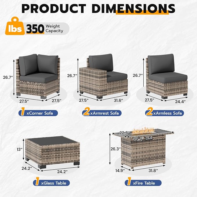 Patio Furniture Set, Wide Armrest Outdoor Furniture Set with 44" Fire Pit Table Thick Cushions, 7 Piece Wicker Rattan Patio Sectional Sofa for Backyard, Poolside, Garden